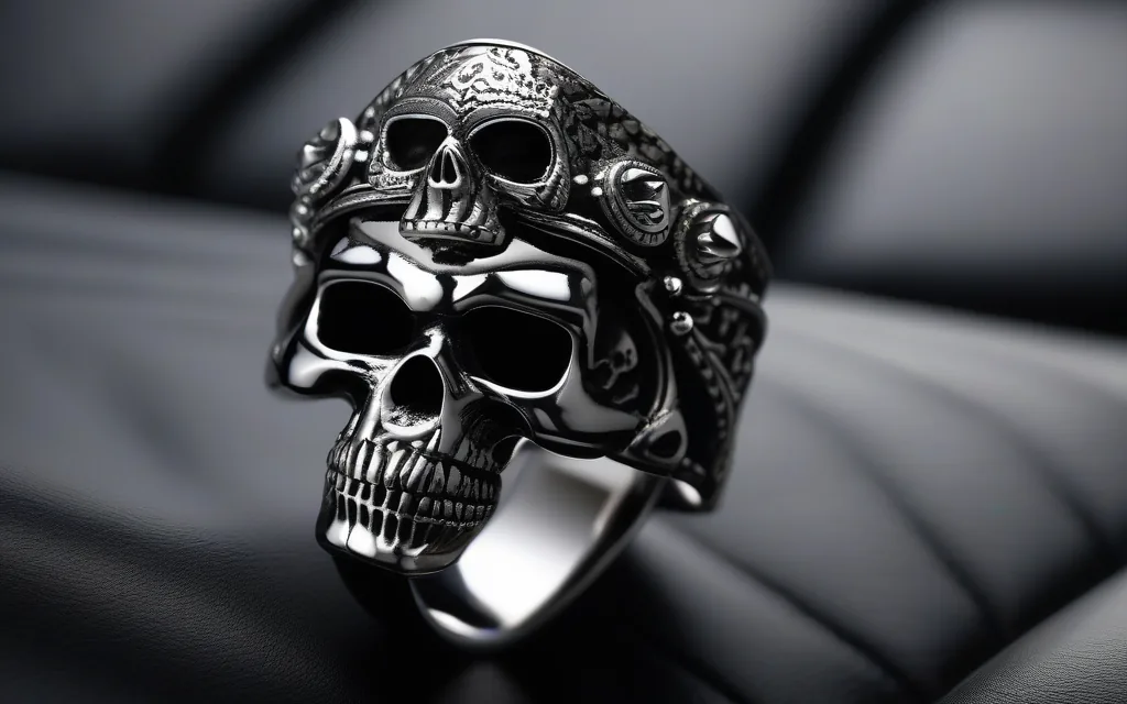 Biker skull rings with rugged dark metal and leather style