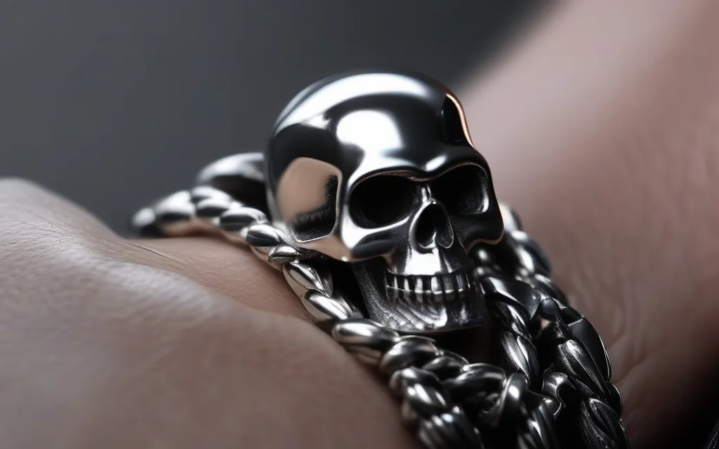 Biker skull rings styled with dark clothing leather and rugged accessories