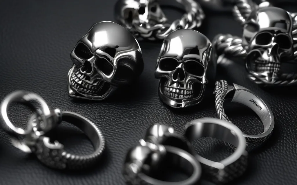 Biker skull style with rugged clothing rings and leather details