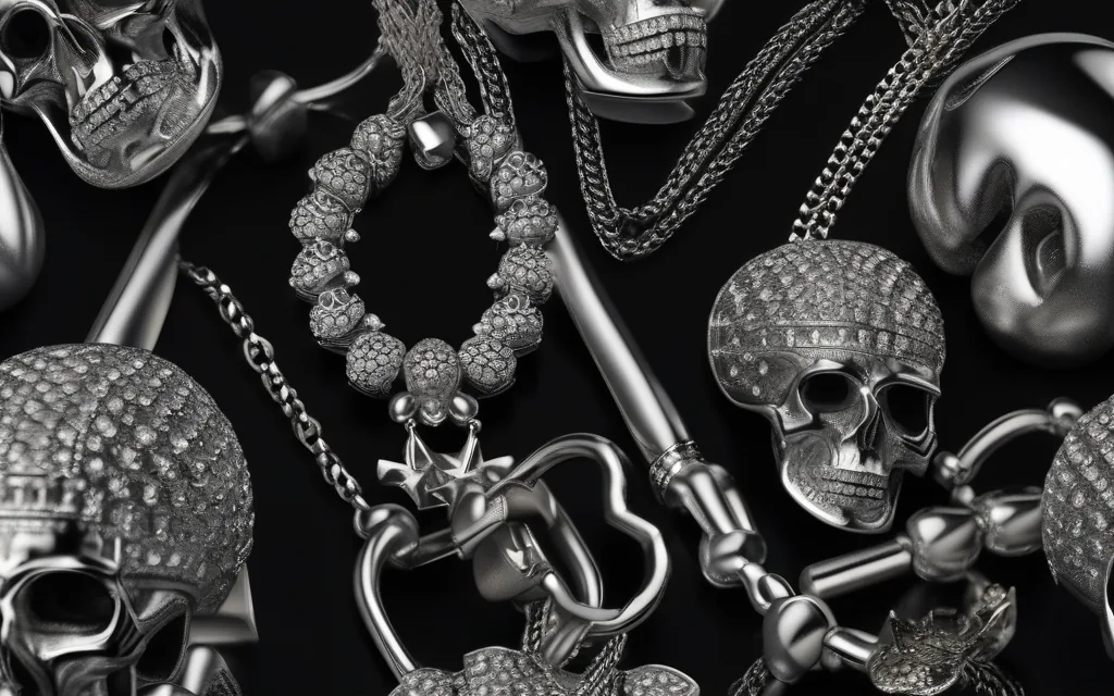 Gothic skull jewelry styled with dark clothing and metal accessories