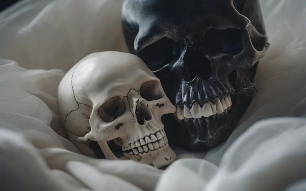 Halloween skulls styled with dark decor candles and gothic seasonal atmosphere