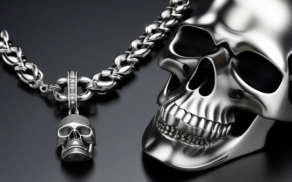 Silver skull jewelry close-up on dark velvet
