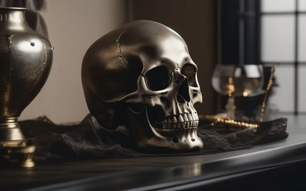 Halloween skeleton porch decor with skull accents and dark outdoor styling