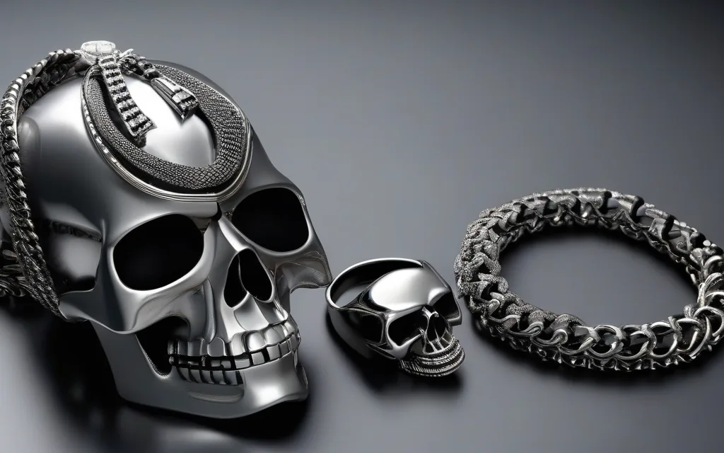 Skull jewelry accessories with rings necklaces bracelets and dark metal details