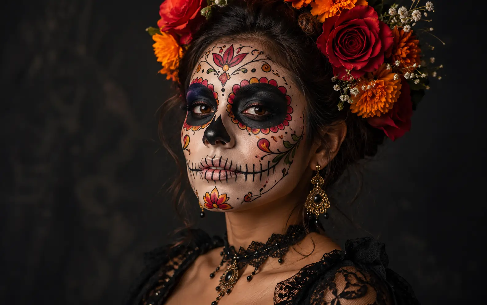 Sugar skull makeup idea with colorful face design and respectful Día de Muertos styling